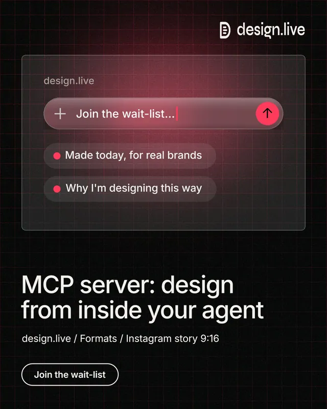 Instagram portrait post for design.live: "MCP server: design from inside your agent". Phosphor atlas style, bottom layout, dark palette in black, red.
