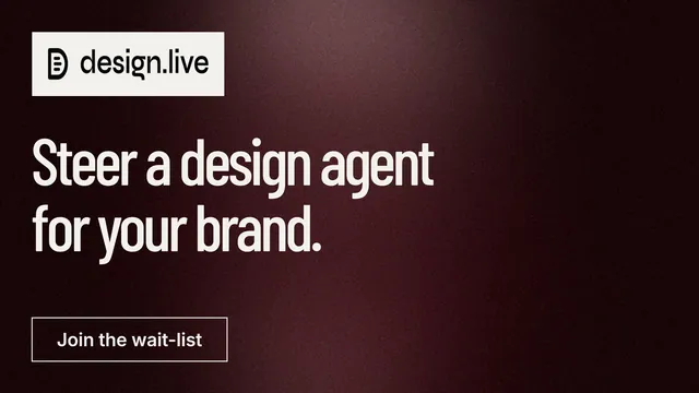 Landscape graphic for design.live: "Steer a design agent for your brand." Dark deco style, announce layout, dark palette in red, black, grey.