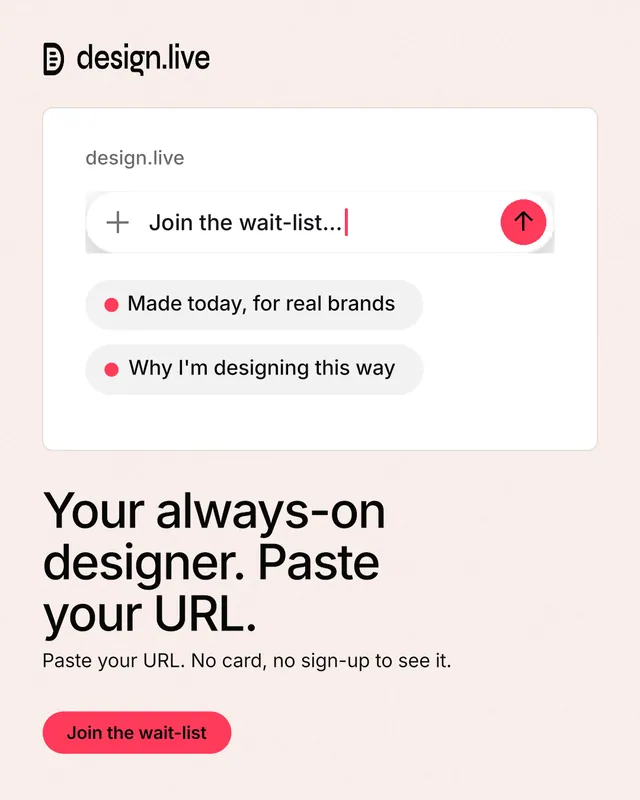Instagram portrait post for design.live: "Your always-on designer. Paste your URL." Data card style, bottom layout, light palette in white, red.