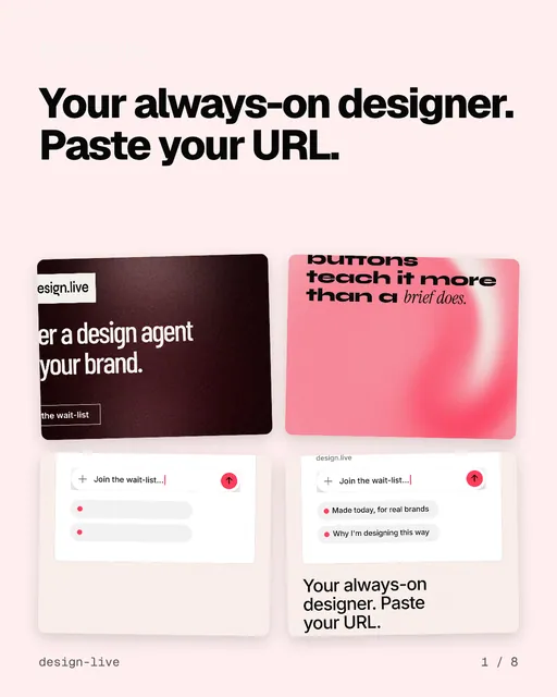 Carousel for design.live: "Your always-on designer. Paste your URL.". Collection carousel, 8 slides, light palette.
