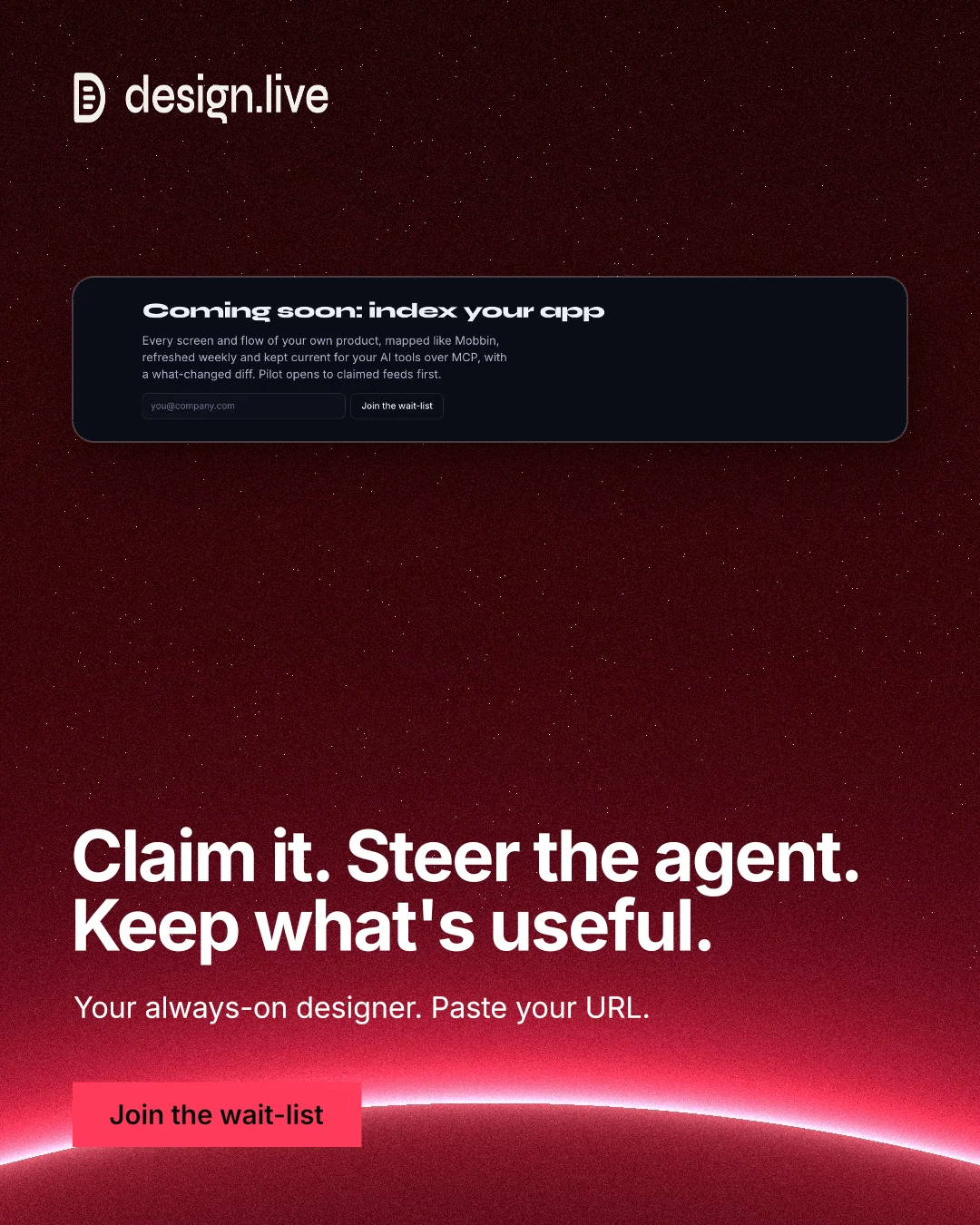 Instagram portrait post for design.live: "Claim it. Steer the agent. Keep what's useful." Swiss style, bottom layout, dark palette in black, red.