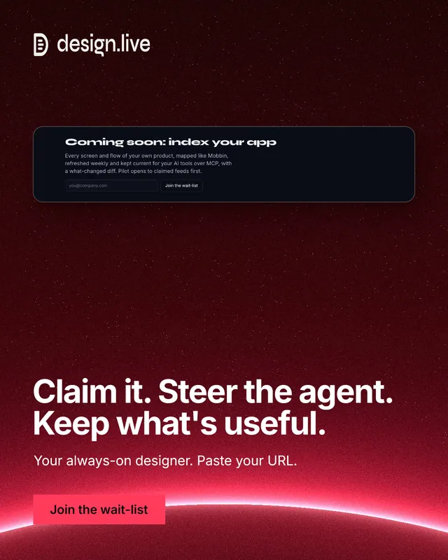 Instagram portrait post for design.live: "Claim it. Steer the agent. Keep what's useful." Swiss style, bottom layout, dark palette in black, red.