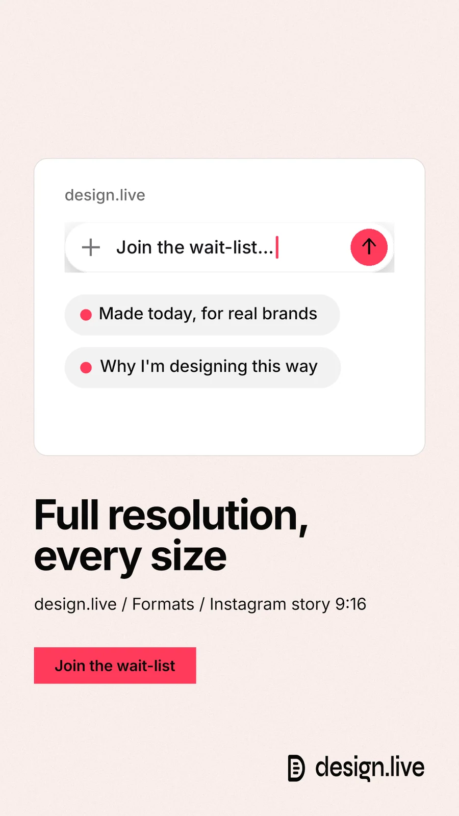 Instagram story for design.live: "Full resolution, every size". Swiss style, bottom layout, light palette in white, red.