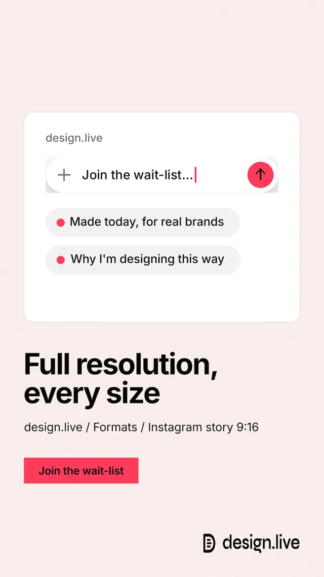 Instagram story for design.live: "Full resolution, every size". Swiss style, bottom layout, light palette in white, red.