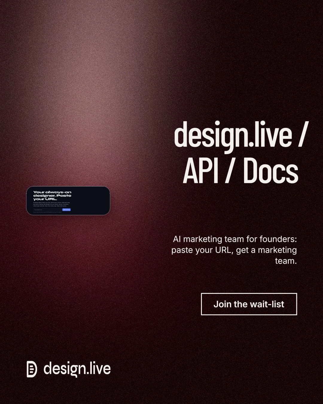 Instagram portrait post for design.live: "design.live / API / Docs". Dark deco style, right layout, dark palette in black, red, grey.