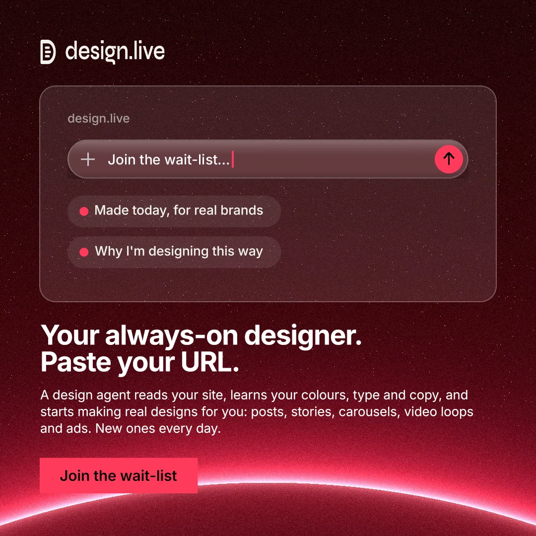 Instagram post for design.live: "Your always-on designer. Paste your URL." Swiss style, bottom layout, dark palette in red, black.