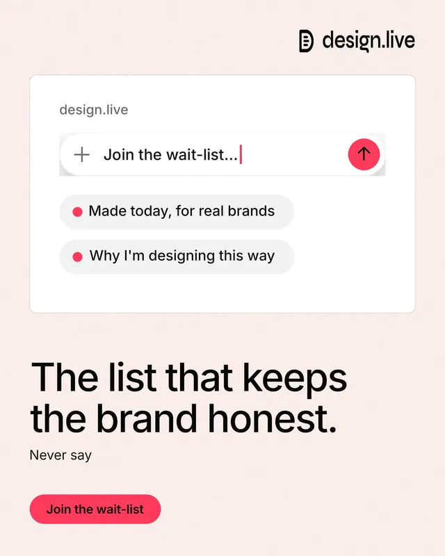 Instagram portrait post for design.live: "The list that keeps the brand honest." Data card style, bottom layout, light palette in white, red.