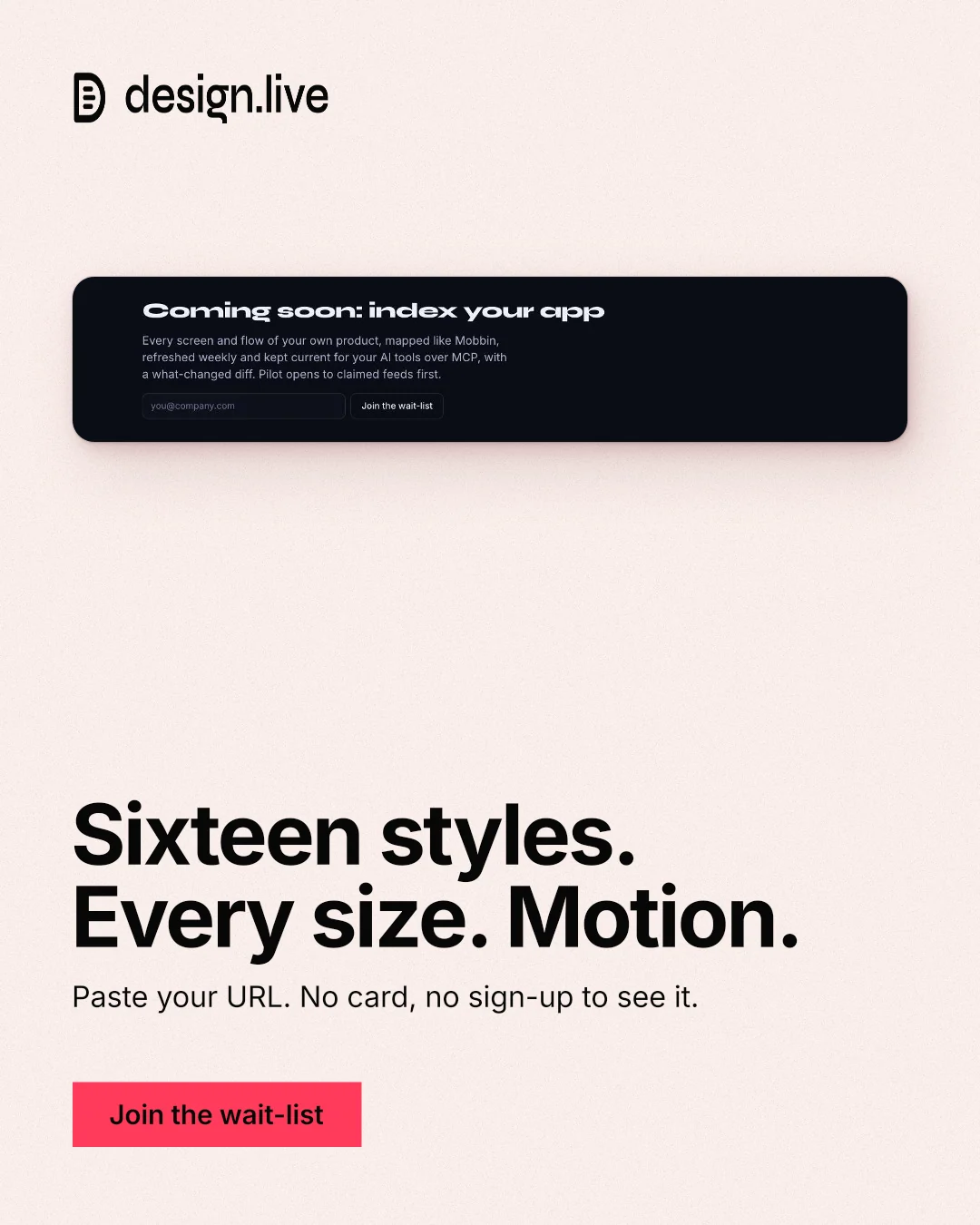 Instagram portrait post for design.live: "Sixteen styles. Every size. Motion." Swiss style, bottom layout, light palette in white, grey.