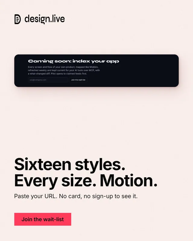 Instagram portrait post for design.live: "Sixteen styles. Every size. Motion." Swiss style, bottom layout, light palette in white, grey.