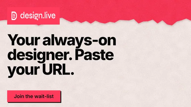 Landscape graphic for design.live: "Your always-on designer. Paste your URL." Paper trio style, announce layout, light palette in red, orange.