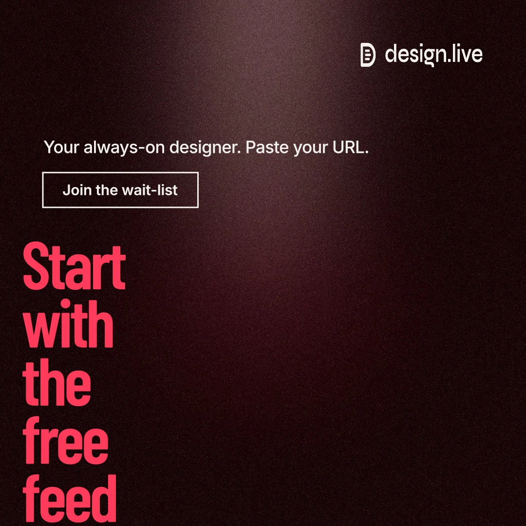 Instagram post for design.live: "Start with the free feed". Dark deco style, oversized layout, dark palette in black, red.