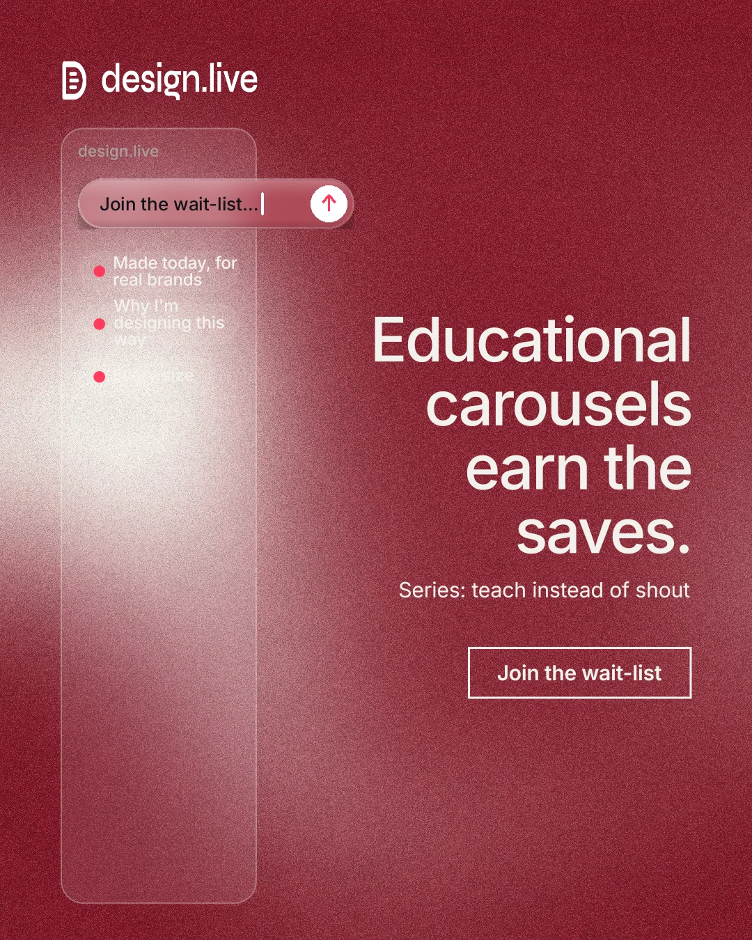 Instagram portrait post for design.live: "Educational carousels earn the saves." Cyanotype style, right layout, dark palette in red.