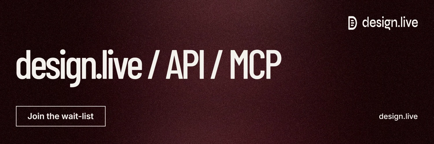 X header for design.live: "design.live / API / MCP". Dark deco style, poster layout, dark palette in black, red, grey.