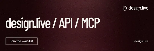 X header for design.live: "design.live / API / MCP". Dark deco style, poster layout, dark palette in black, red, grey.
