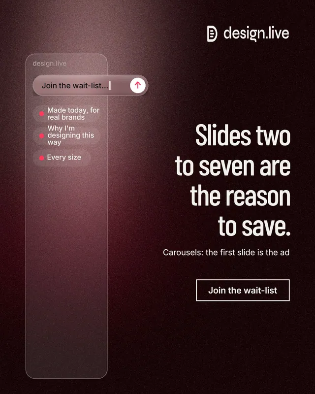 Instagram portrait post for design.live: "Slides two to seven are the reason to save." Dark deco style, right layout, dark palette in black, red, grey.