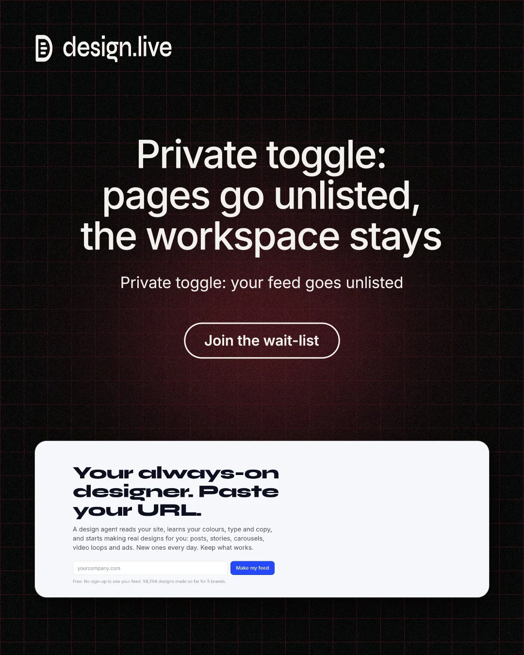 Instagram portrait post for design.live: "Private toggle: pages go unlisted, the workspace stays". Phosphor atlas style, centred layout, dark palette in black, white, red.