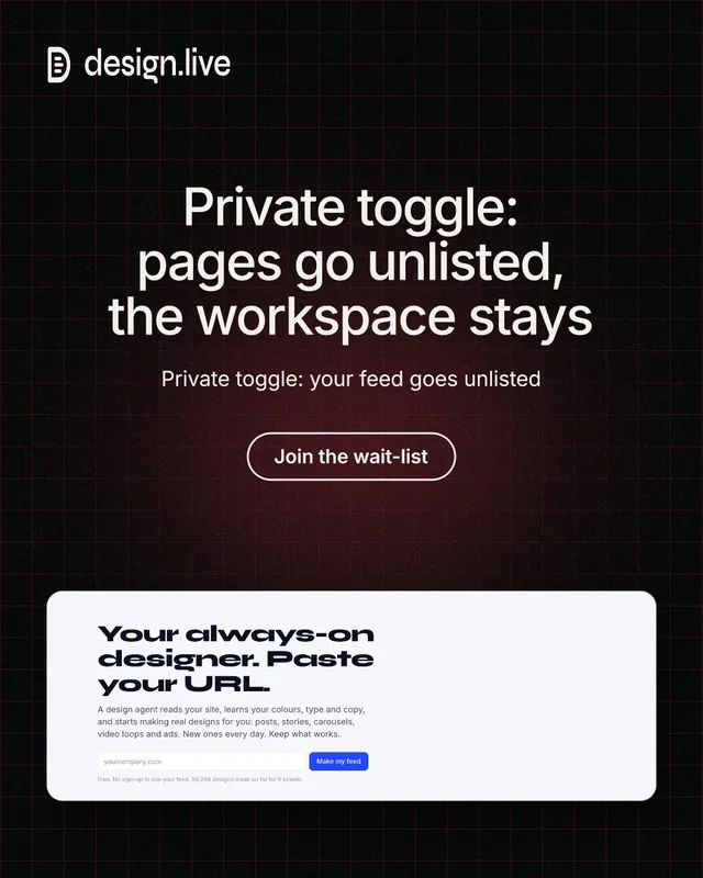 Instagram portrait post for design.live: "Private toggle: pages go unlisted, the workspace stays". Phosphor atlas style, centred layout, dark palette in black, white, red.