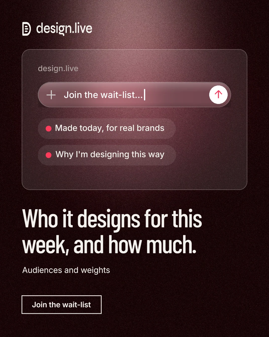Instagram portrait post for design.live: "Who it designs for this week, and how much." Dark deco style, bottom layout, dark palette in black, red, grey.