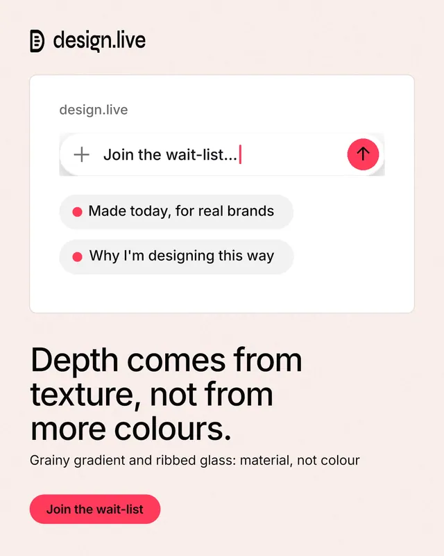 Instagram portrait post for design.live: "Depth comes from texture, not from more colours." Data card style, bottom layout, light palette in white, red.