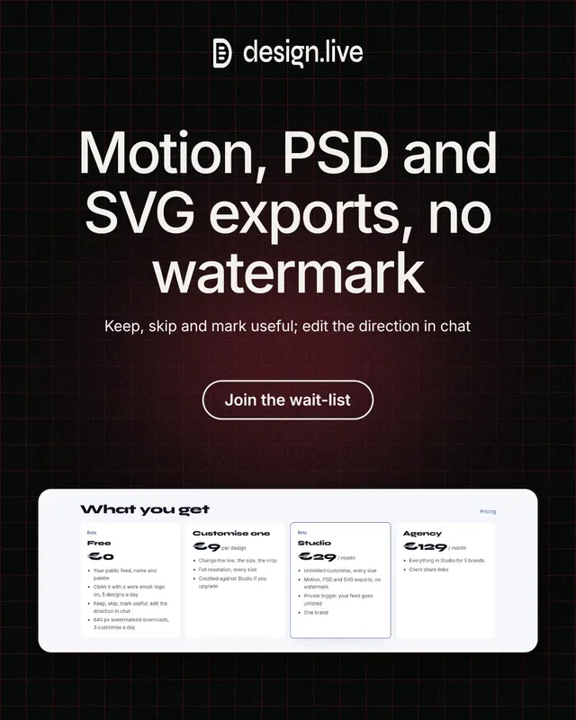 Instagram portrait post for design.live: "Motion, PSD and SVG exports, no watermark". Phosphor atlas style, centred layout, dark palette in black, white, red.