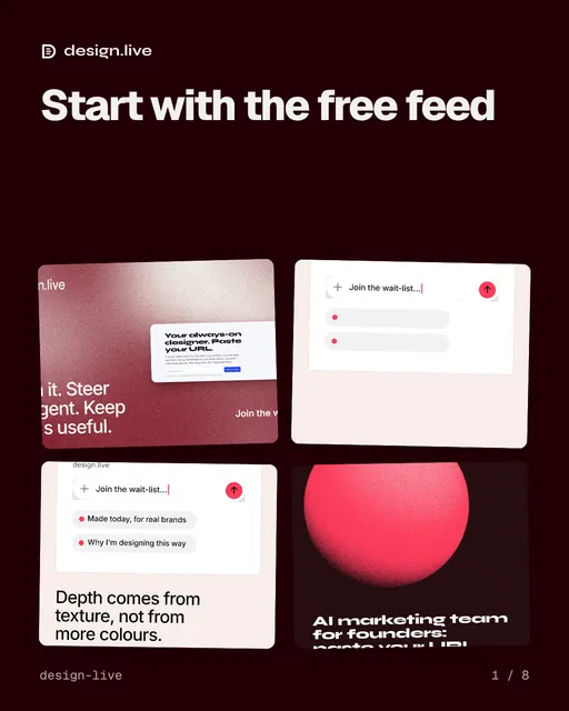 Carousel for design.live: "Start with the free feed". Collection carousel, 8 slides, dark palette.