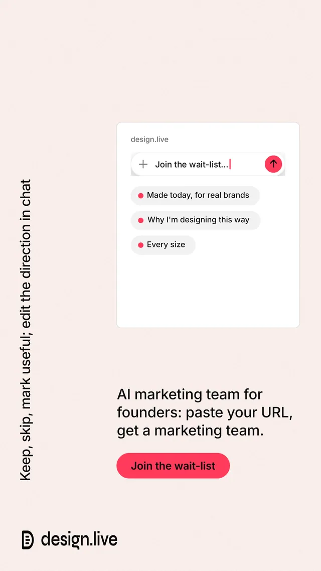 Instagram story for design.live: "Keep, skip, mark useful; edit the direction in chat". Data card style, vertical layout, light palette in white, red.