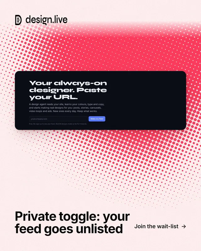 Instagram portrait post for design.live: "Private toggle: your feed goes unlisted". Swiss style, image led layout, light palette in red, white.