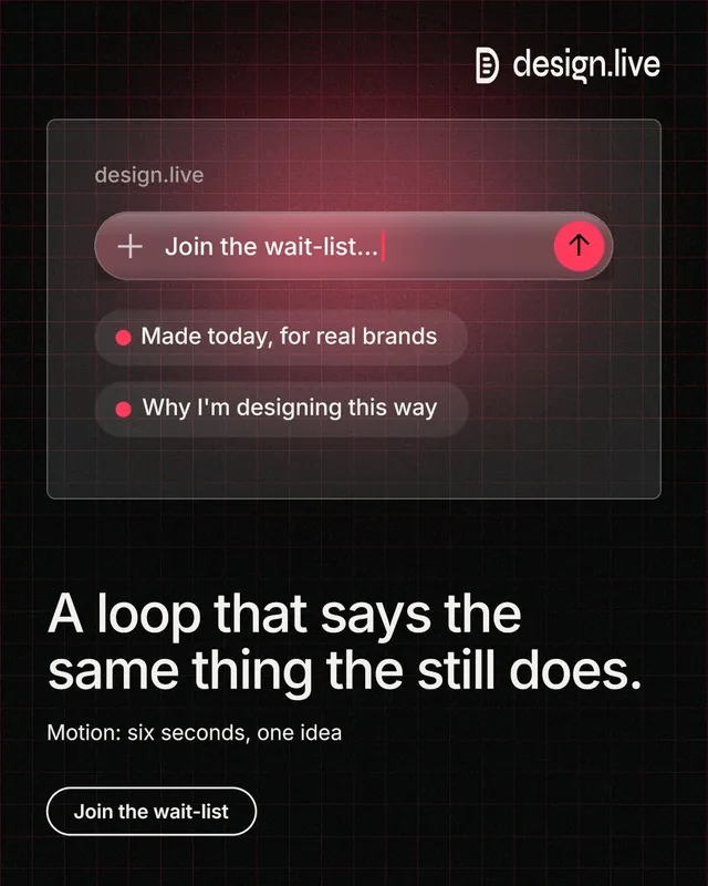 Instagram portrait post for design.live: "A loop that says the same thing the still does." Phosphor atlas style, bottom layout, dark palette in black, grey.