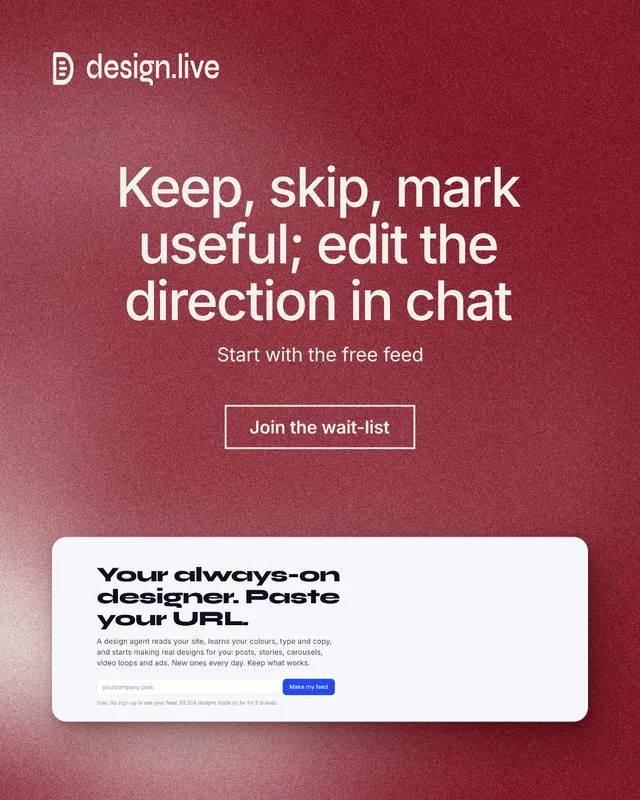 Instagram portrait post for design.live: "Keep, skip, mark useful; edit the direction in chat". Cyanotype style, centred layout, dark palette in red, white.