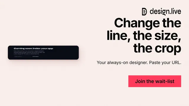 Landscape graphic for design.live: "Change the line, the size, the crop". Swiss style, right layout, light palette in white, grey.