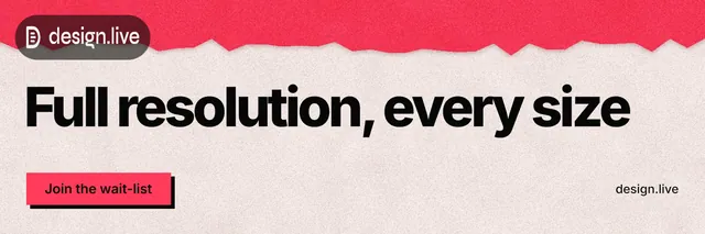 X header for design.live: "Full resolution, every size". Paper trio style, poster layout, light palette in orange, red, grey.