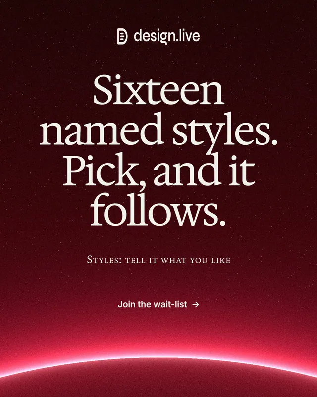 Instagram portrait post for design.live: "Sixteen named styles. Pick, and it follows." Swiss style, smallcaps layout, dark palette in black, red.