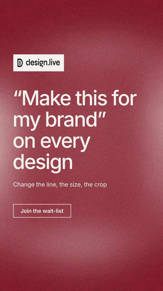 Instagram story for design.live: "“Make this for my brand” on every design". Cyanotype style, announce layout, dark palette in red.