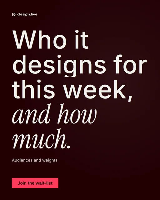 Video for design.live: "Who it designs for this week, and how much.". Doc motion loop, 8.0 s, dark palette.