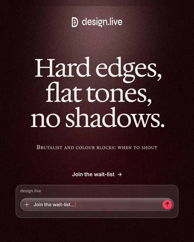 Instagram portrait post for design.live: "Hard edges, flat tones, no shadows." Dark deco style, smallcaps layout, dark palette in black, red, grey.