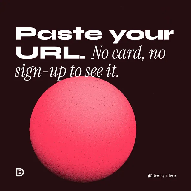 Instagram post for design.live: "Paste your URL. No card, no sign-up to see it." Auto 1x1 style, technique:shader field layout, dark palette in black, red.
