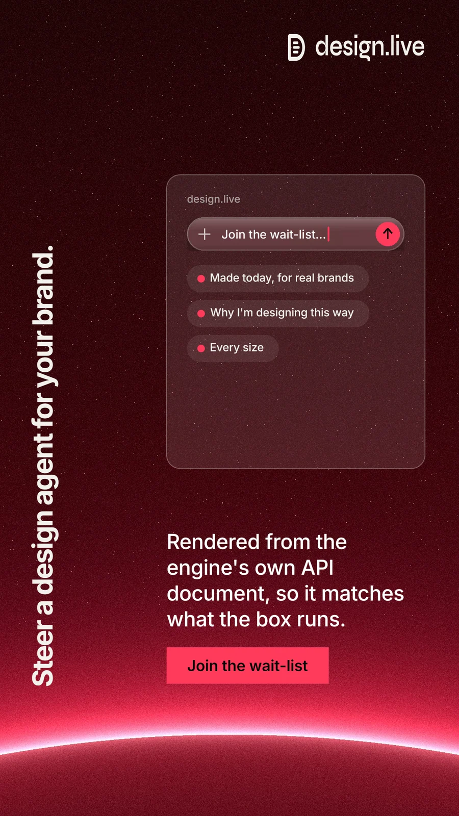 Instagram story for design.live: "Steer a design agent for your brand." Swiss style, vertical layout, dark palette in black, red.
