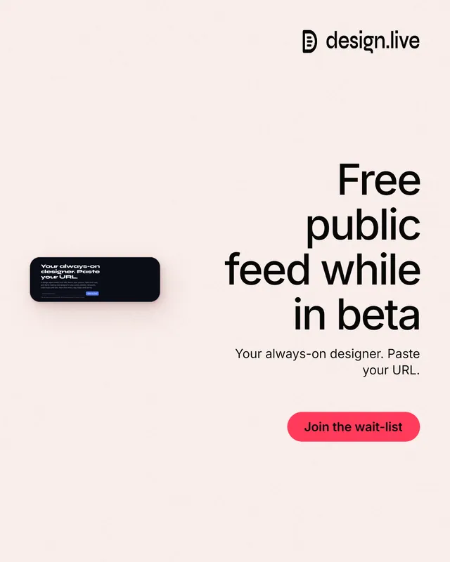 Instagram portrait post for design.live: "Free public feed while in beta". Data card style, right layout, light palette in white, grey.