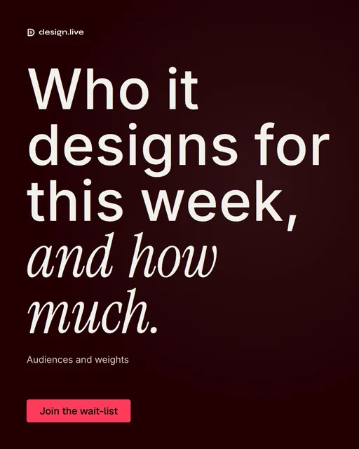 Video for design.live: "Who it designs for this week, and how much.". Doc motion loop, 6.0 s, dark palette.