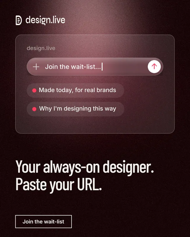 Instagram portrait post for design.live: "Your always-on designer. Paste your URL." Dark deco style, bottom layout, dark palette in black, red, grey.