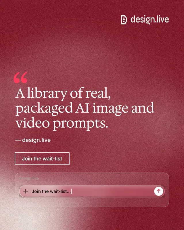 Instagram portrait post for design.live: "A library of real, packaged AI image and video prompts." Cyanotype style, quote layout, dark palette in red.