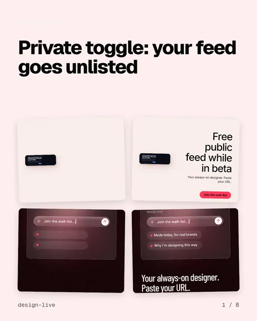 Carousel for design.live: "Private toggle: your feed goes unlisted". Collection carousel, 8 slides, light palette.