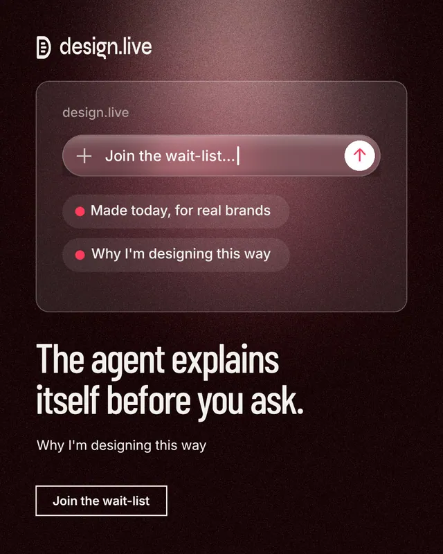 Instagram portrait post for design.live: "The agent explains itself before you ask." Dark deco style, bottom layout, dark palette in black, red, grey.