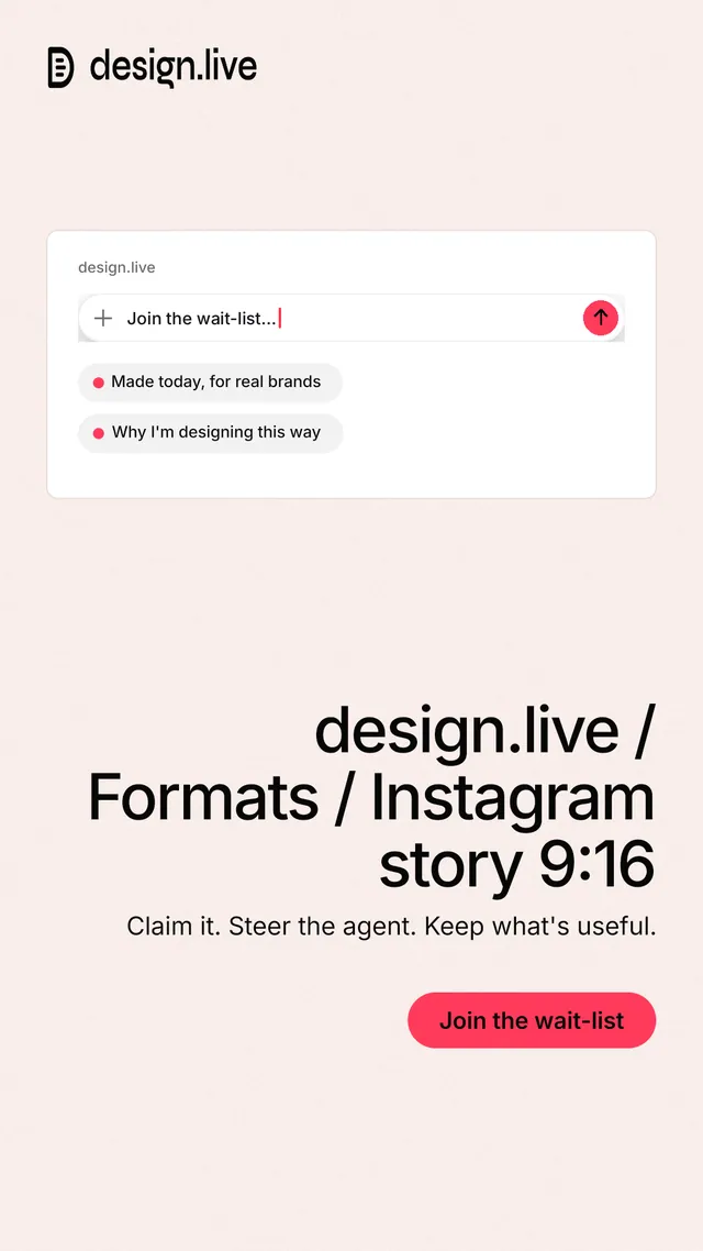 Instagram story for design.live: "design.live / Formats / Instagram story 9:16". Data card style, right layout, light palette in white, red.