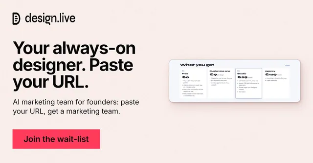 Social ad for design.live: "Your always-on designer. Paste your URL." Swiss style, bottom layout, light palette in white, red.