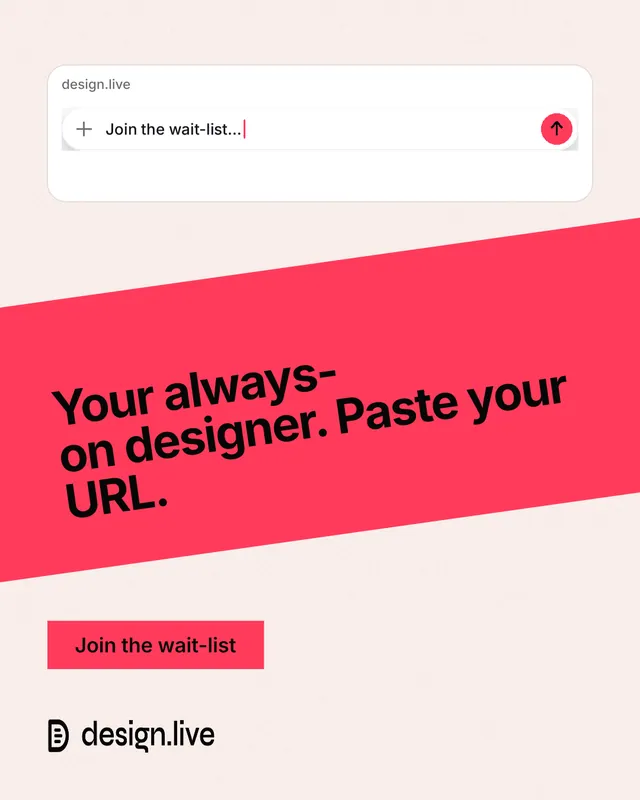Instagram portrait post for design.live: "Your always-on designer. Paste your URL." Swiss style, diagonal layout, light palette in white, red.