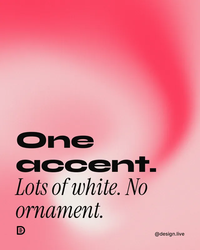 Instagram portrait post for design.live: "One accent. Lots of white. No ornament." Auto 4x5 style, technique:shader field layout, light palette in red.