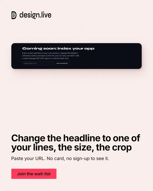 Instagram portrait post for design.live: "Change the headline to one of your lines, the size, the crop". Swiss style, bottom layout, light palette in white, grey.