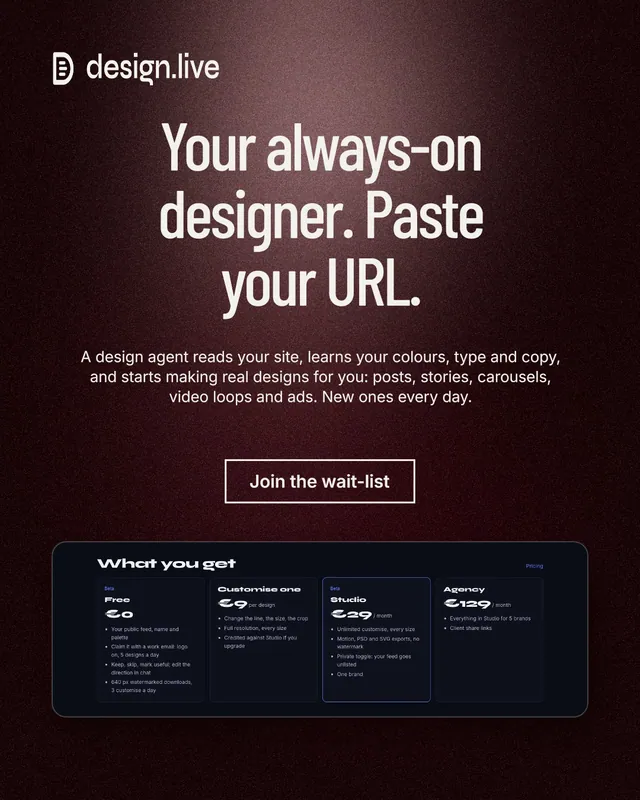 Instagram portrait post for design.live: "Your always-on designer. Paste your URL." Dark deco style, centred layout, dark palette in black, grey.