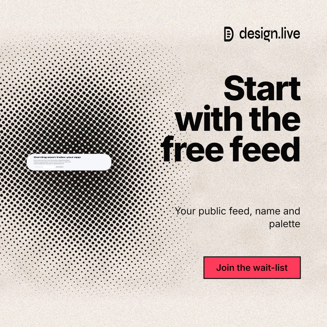 Instagram post for design.live: "Start with the free feed". Ink sticker style, right layout, light palette in orange, grey, white.